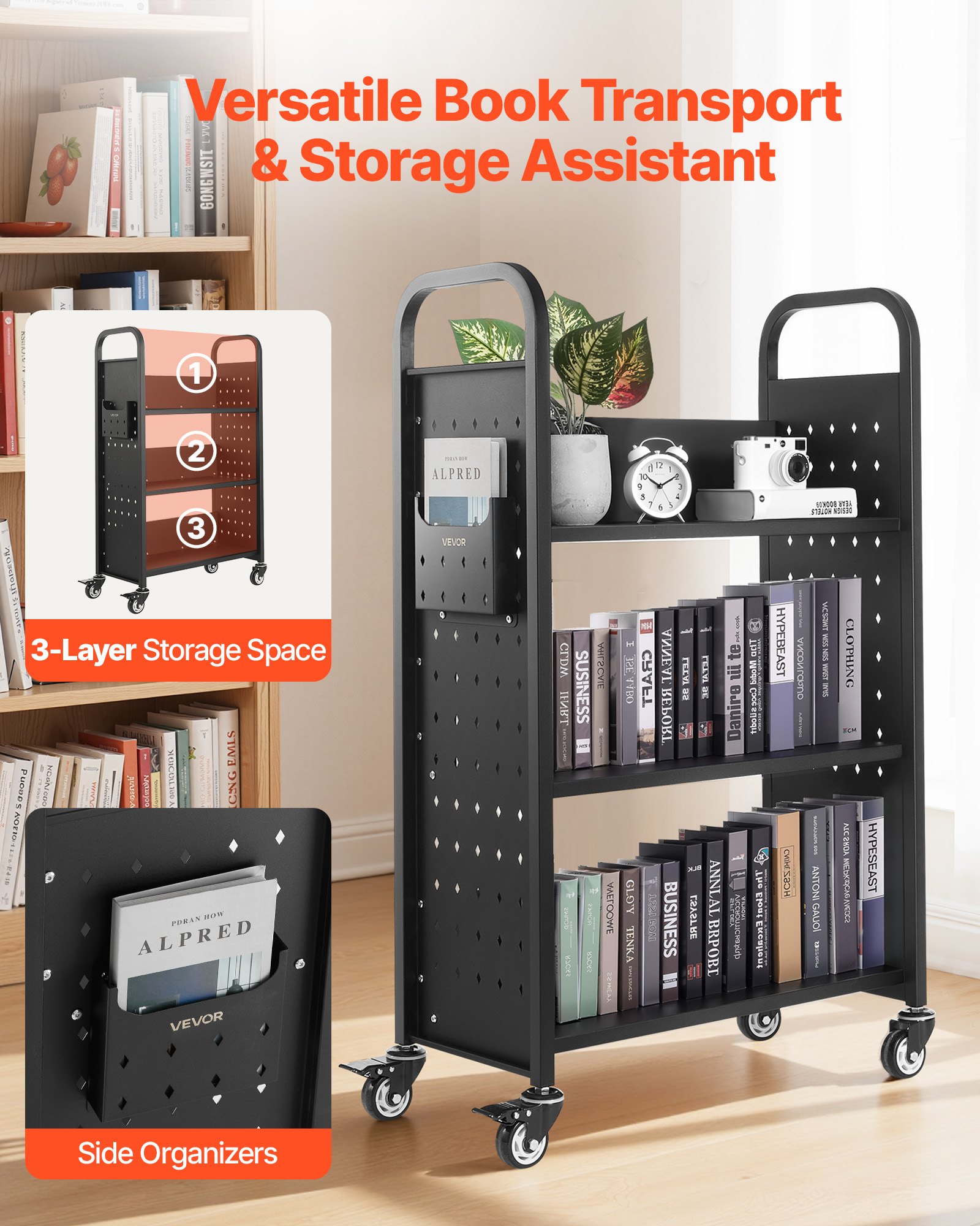 VEVOR Rolling Library Book Cart, 330 lbs Capacity, 30.3 x 15 x 48.0-Inch Library Cart, Single Sided L-Shaped Shelves with 3-Inch Lockable Wheels, Book Truck for Home Shelves Office and School, Black