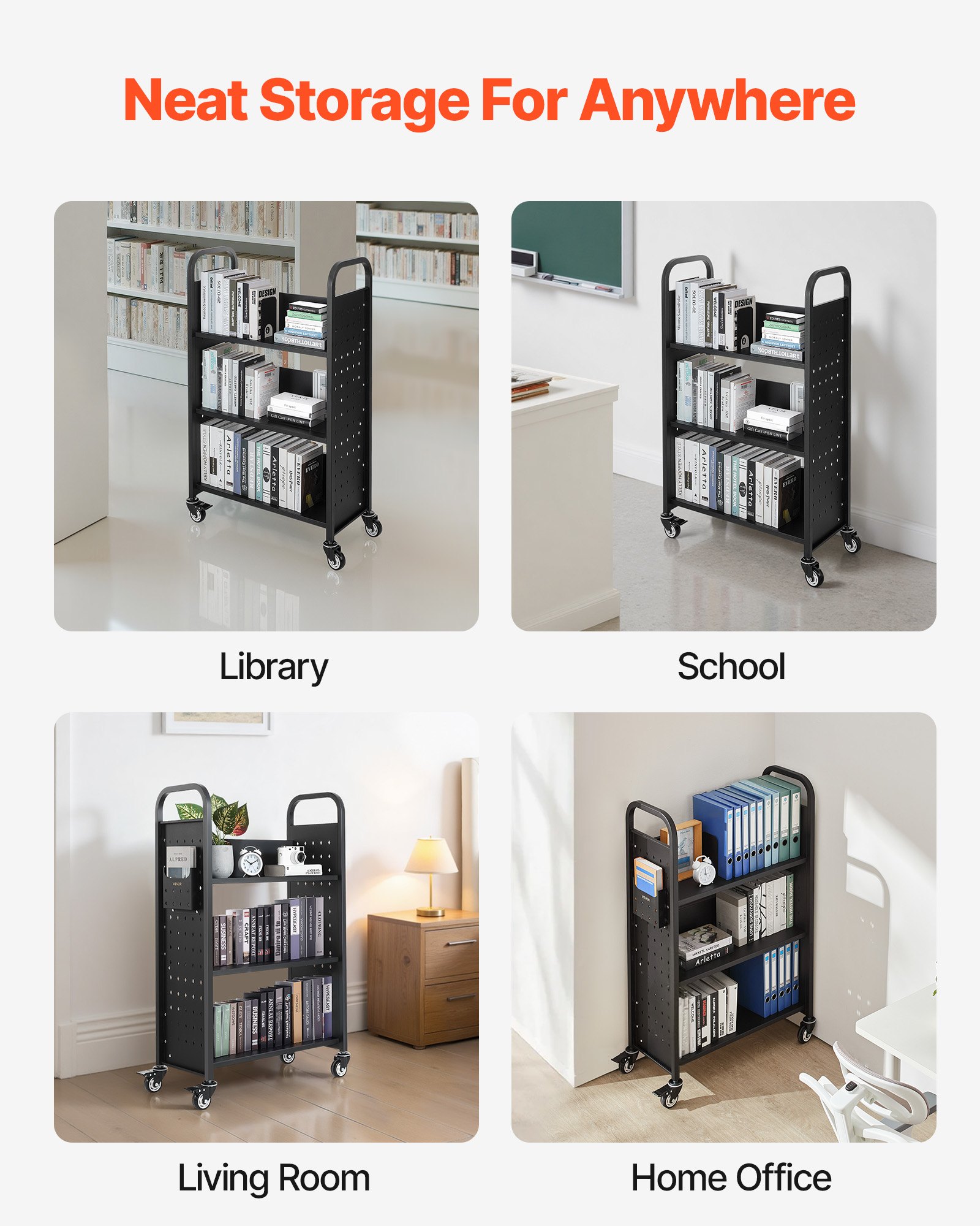 VEVOR Rolling Library Book Cart, 330 lbs Capacity, 30.3 x 15 x 48.0-Inch Library Cart, Single Sided L-Shaped Shelves with 3-Inch Lockable Wheels, Book Truck for Home Shelves Office and School, Black
