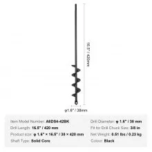 VEVOR Auger Drill Bit for Planting, 1.6 x 16.5 inch Garden Auger Drill Bit, Spiral Drill Bit for Bulbs Planting & Holes Digging, 3/8" Hex Drive Drill