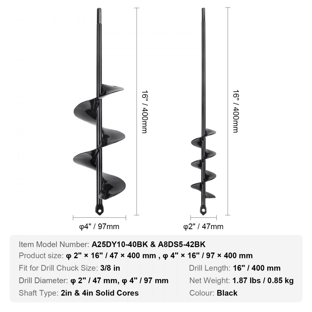 VEVOR black drill augers with 2in and 4in solid cores, 16in length, and specifications.