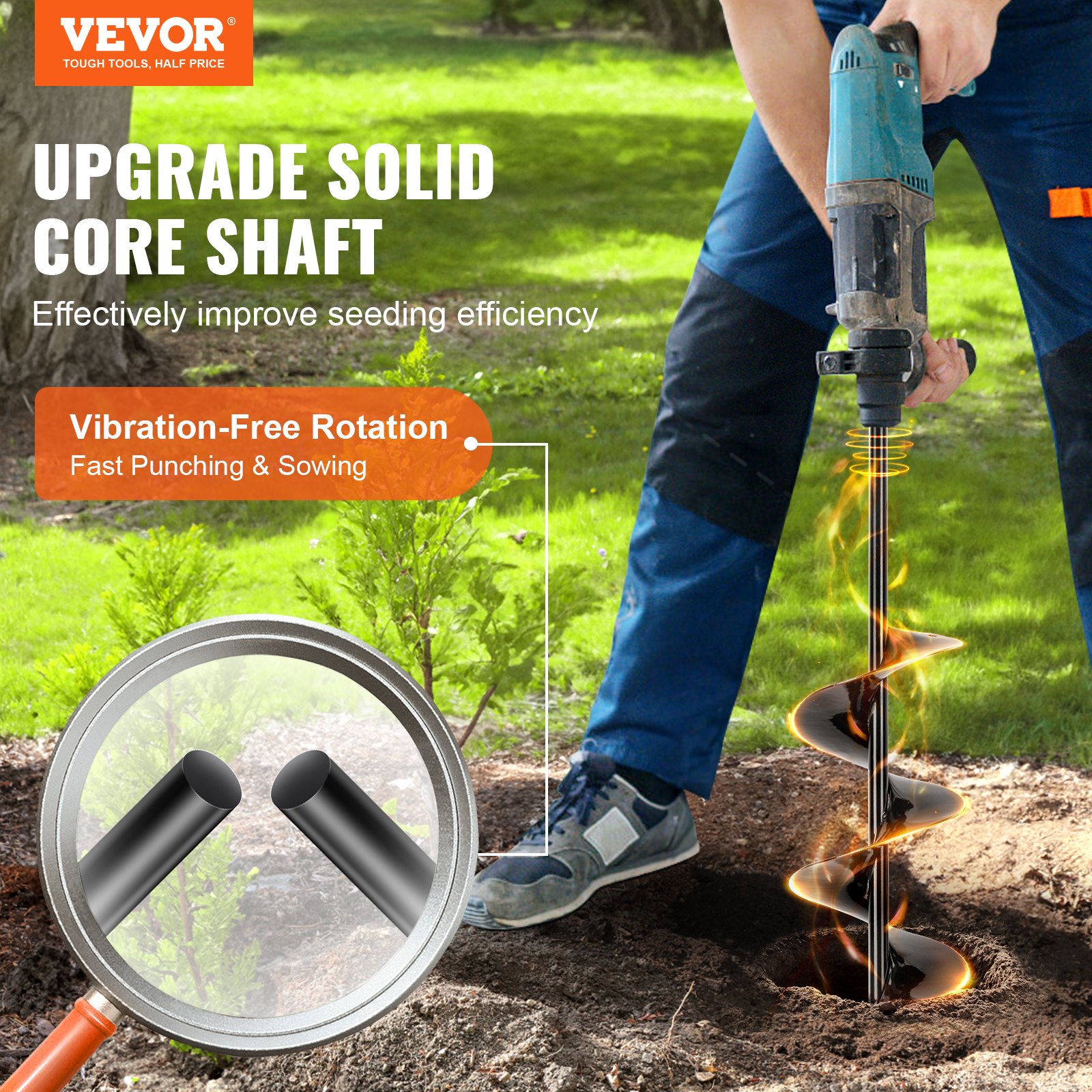 VEVOR auger drill bits for fast seeding, featuring vibration-free rotation and a solid core shaft.
