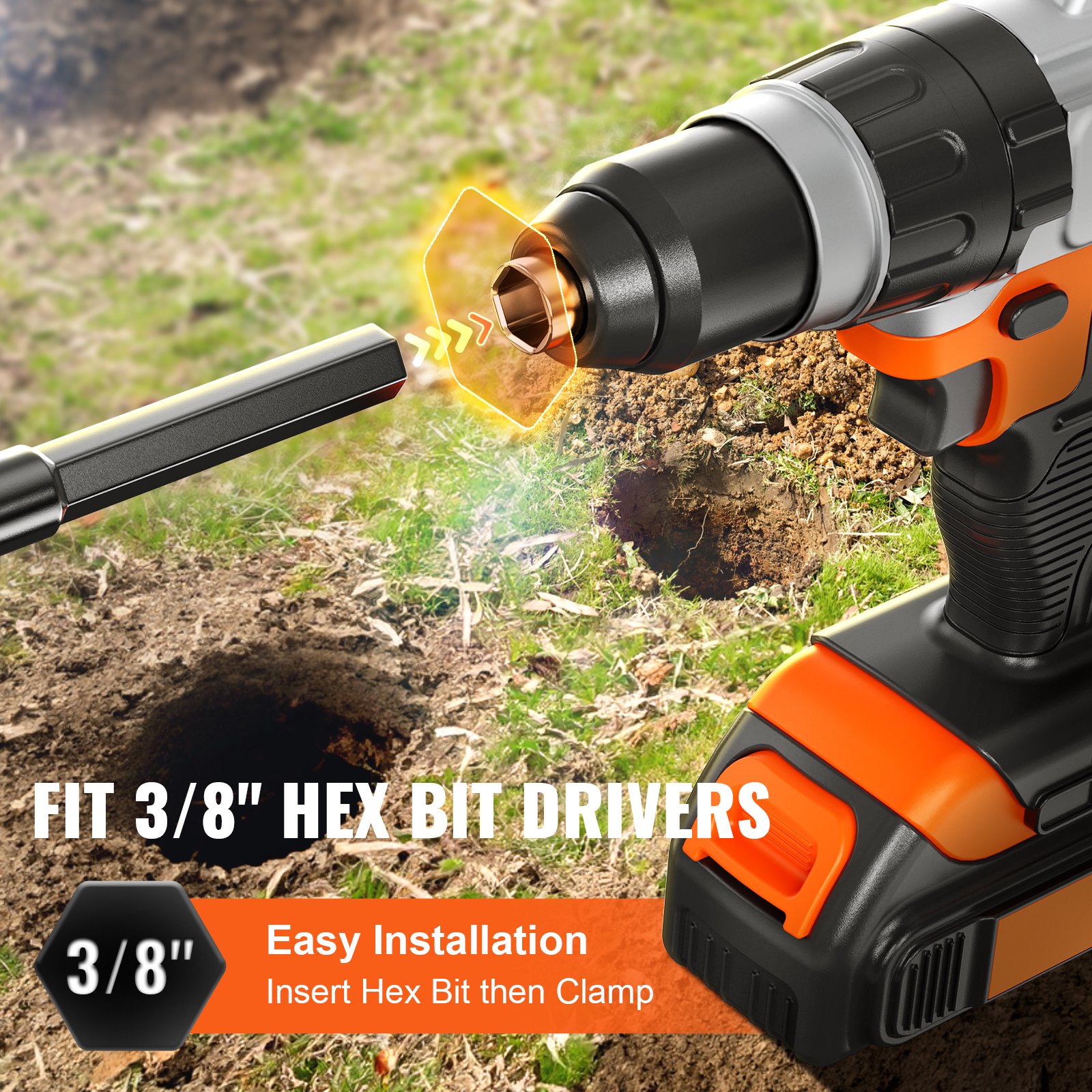 VEVOR auger drill bits fitting easily into a 3/8&quot; hex bit driver, ideal for garden soil drilling.