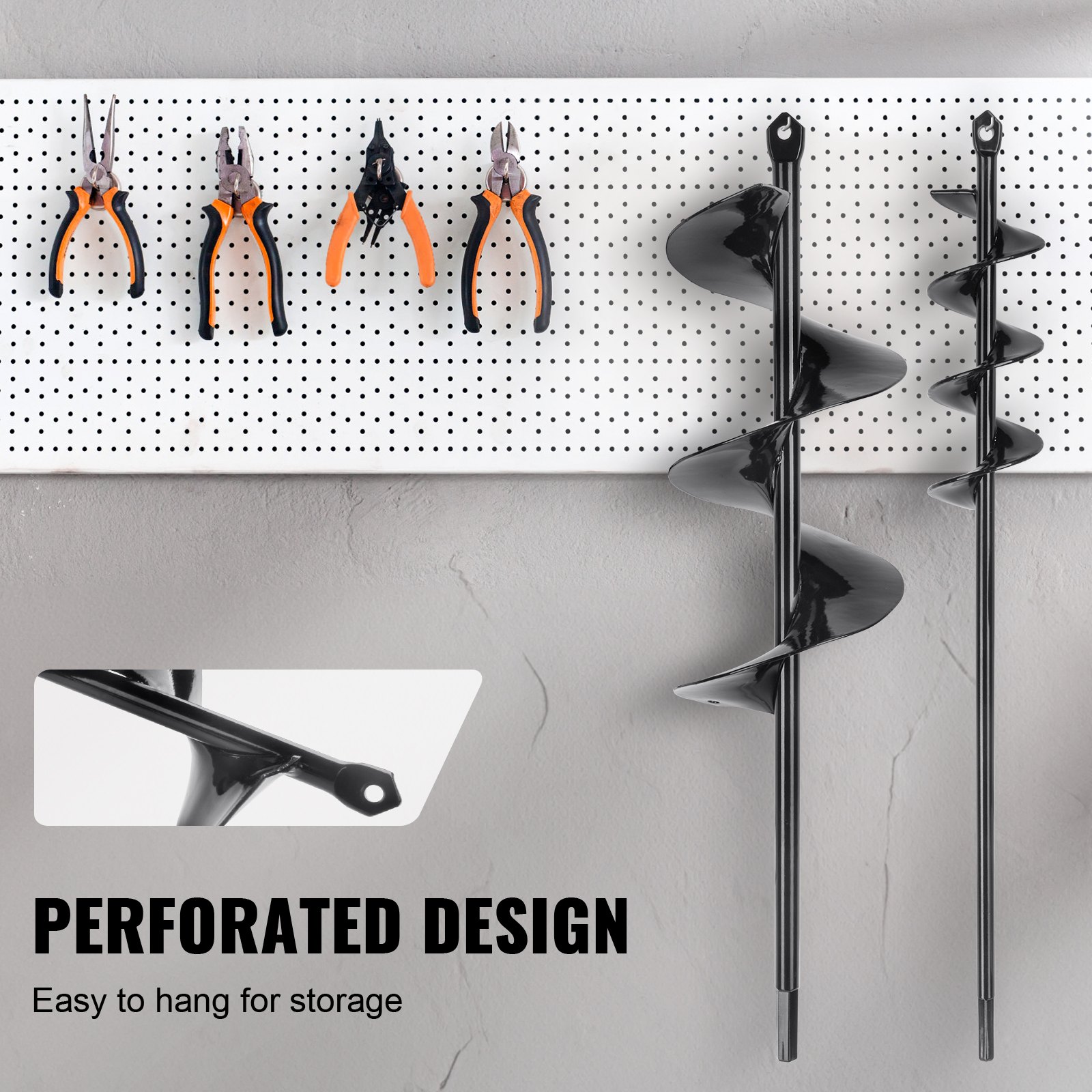 VEVOR auger drill bits on pegboard with pliers, showcasing perforated design for easy hanging.