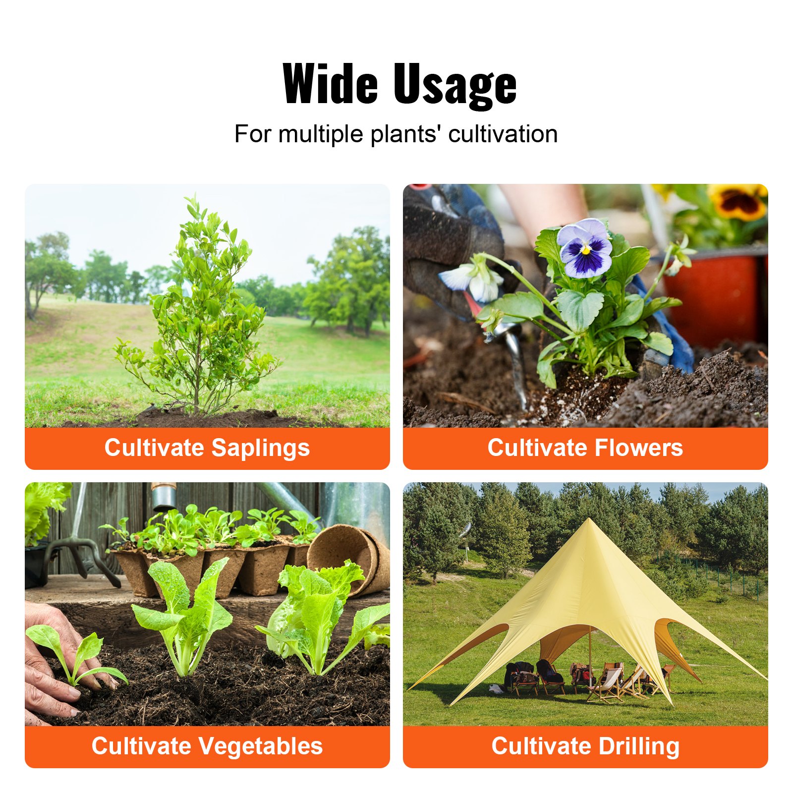 wide usage of VEVOR auger drill bits for saplings, flowers, vegetables, and tent installation.