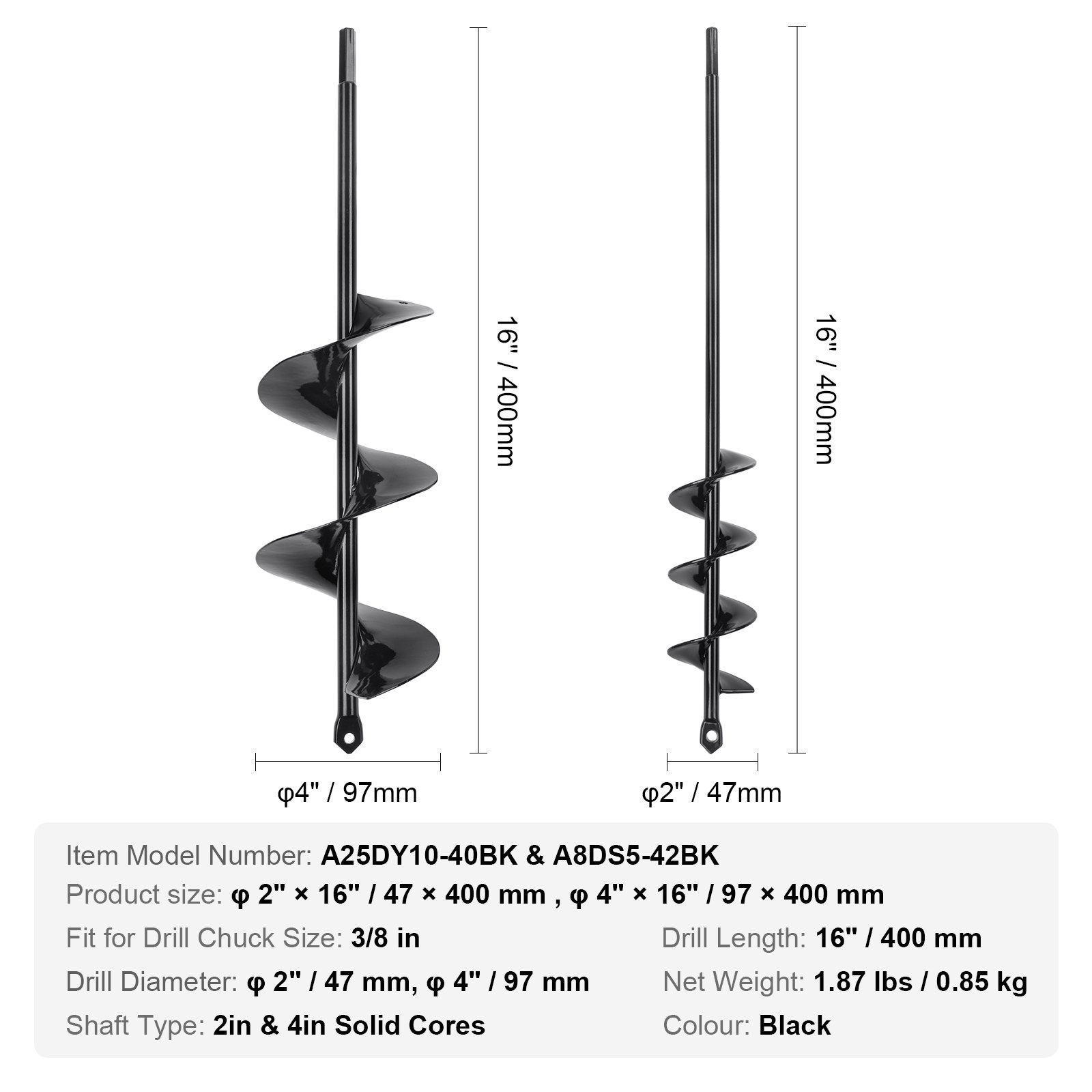 VEVOR black drill augers with 2in and 4in solid cores, 16in length, and specifications.