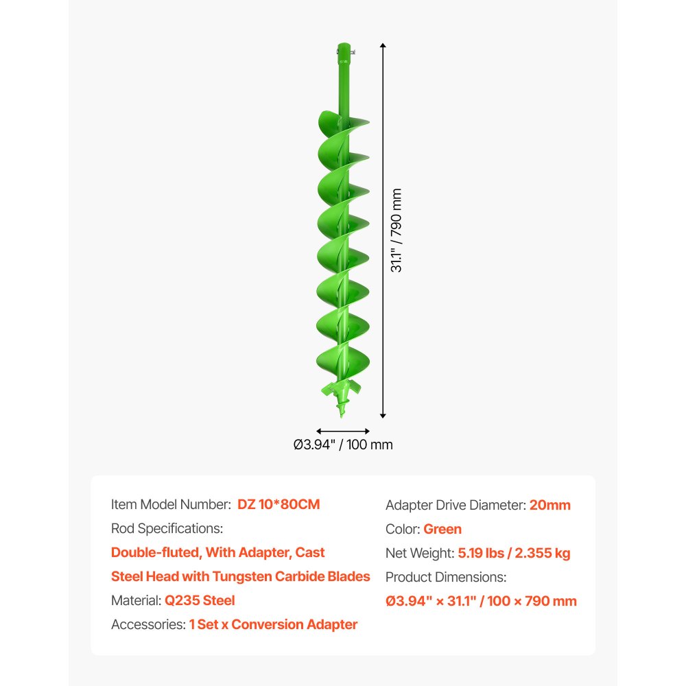 VEVOR Auger Drill Bit for Planting, 100 x 790 mm Spiral Drill Bit, Compatible with 20mm ID Drive Drills, Heavy Duty Bulb Planter Tool, Post Hole Drilling Attachments for Garden Digger Fence