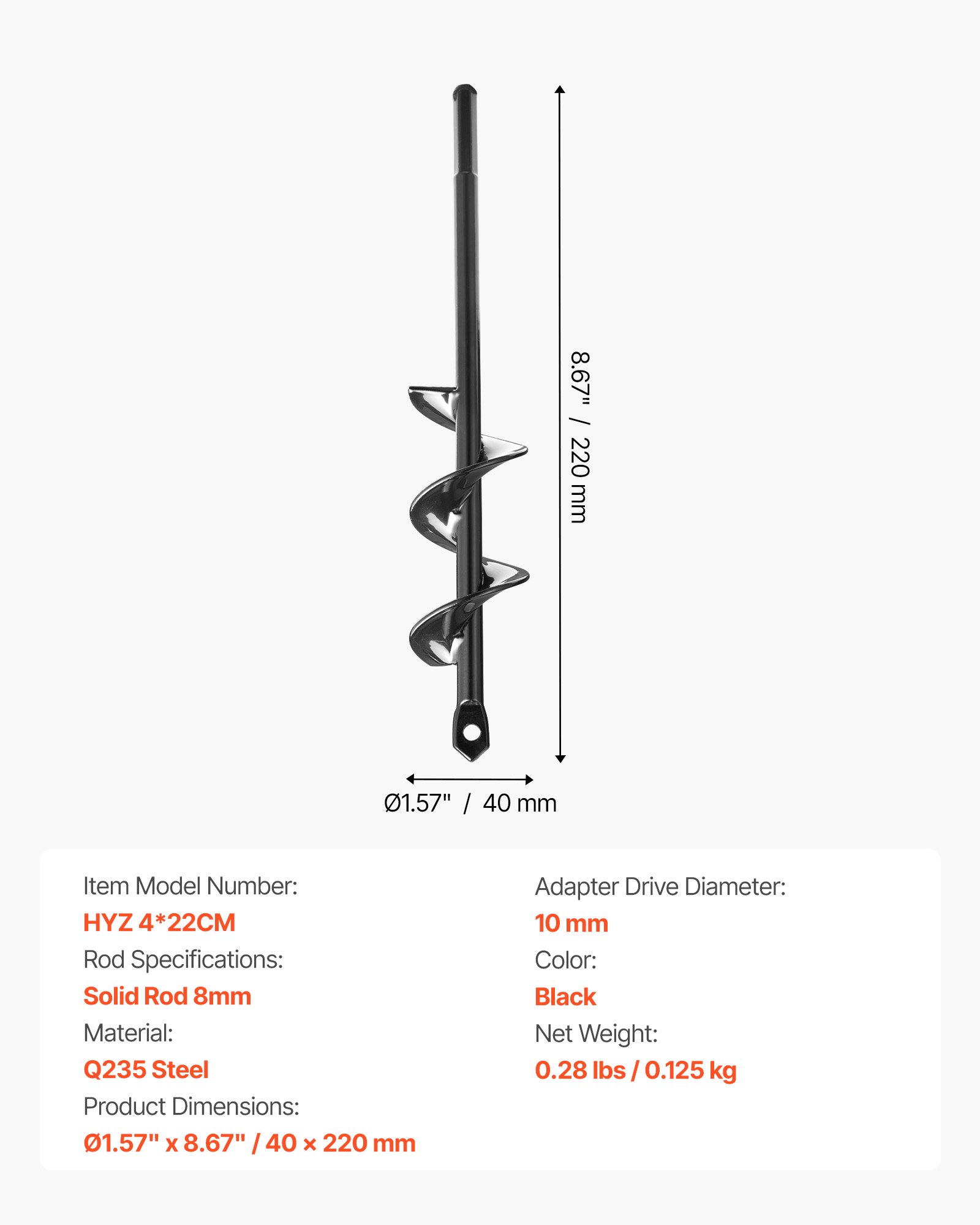 VEVOR Auger Drill Bit for Planting, Ø1.57" x 8.67" Spiral Drill Bit, for 3/8'' Hex Drive Drills, Heavy Duty Bulb Planter Tool, Hole Drilling Attachments for Garden Post Hole Digger Fence Digging