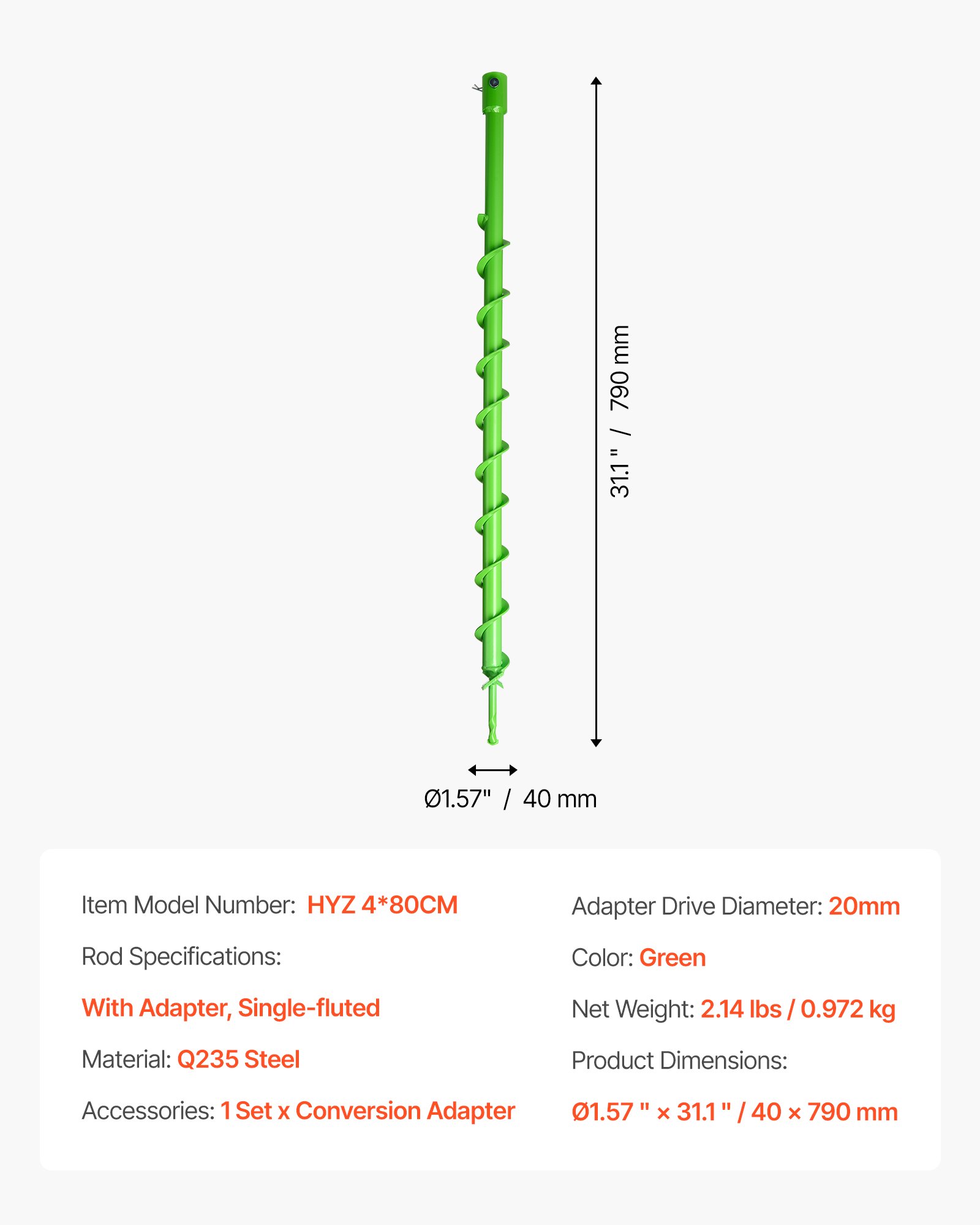 VEVOR Auger Drill Bit for Planting, Ø1.57" × 31.1" Spiral Drill Bit, Compatible with 0.78" ID Drive Drills, Heavy Duty Bulb Planter Tool, Post Hole Drilling Attachments for Garden Digger Fence
