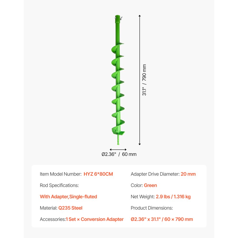 VEVOR Auger Drill Bit for Planting, Ø2.36" x 31.1" Spiral Drill Bit, Compatible with 0.78" ID Drive Drills, Heavy Duty Bulb Planter Tool, Post Hole Drilling Attachments for Garden Digger Fence