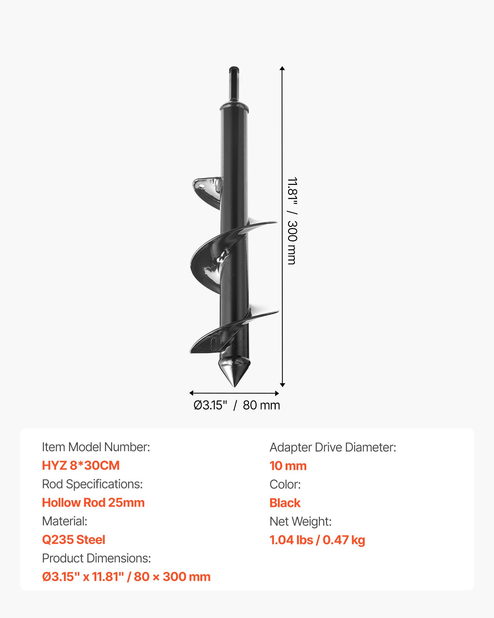 VEVOR Auger Drill Bit for Planting, 80 x 300 mm Spiral Drill Bit, for 3/8" Hex Drive Drills, Heavy Duty Bulb Planter Tool, Hole Drilling Attachments for Garden Post Hole Digger Fence Digging
