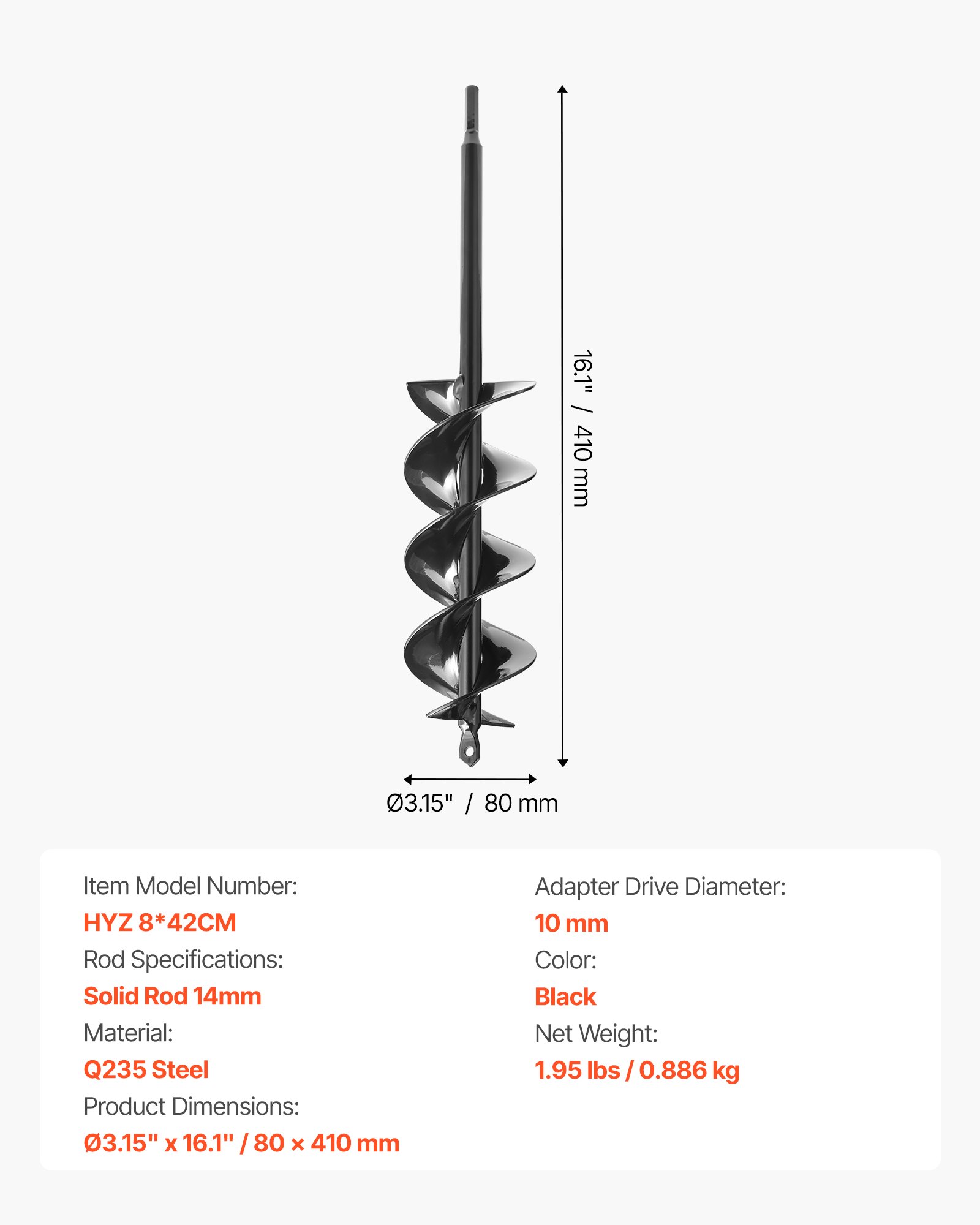 VEVOR Auger Drill Bit for Planting, Ø3.15" × 16.1" Spiral Drill Bit, for 3/8'' Hex Drive Drills, Heavy Duty Bulb Planter Tool, Hole Drilling Attachments for Garden Post Hole Digger Fence Digging