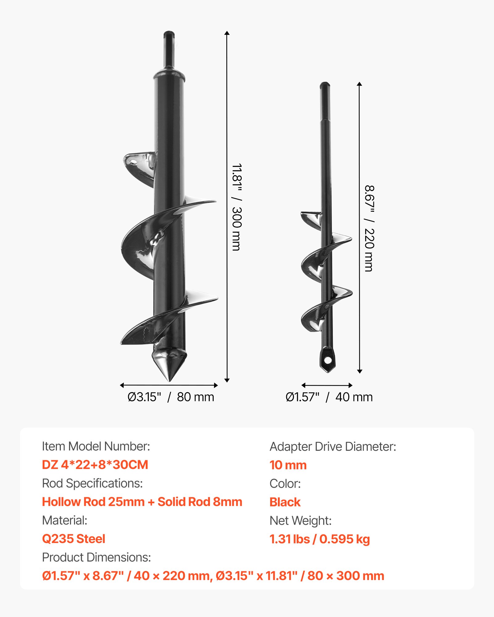 VEVOR Sada vrtáků pro sázení, 2 ks, 40 x 220 mm a 80 x 300 mm, Spirálový vrták pro šestihranné vrtáky 3/8", Vysoce odolný nástroj pro sázení cibulí, Nástavce pro vrtání otvorů pro bagr