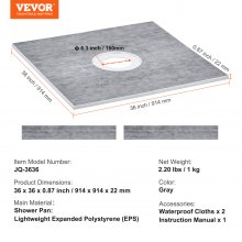 VEVOR Shower Curb Kit, 36"x36" Shower Pan Kit with 6.3" Central Drain, Lightweight EPS Shower Installation Kits with 2 Waterproof Cloths, Shower Pan Slope Sticks Fit for Bathroom