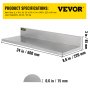 VEVOR 2 Pcs Stainless Steel Wall Shelf Max Load Capacity 20kg, Shelf for Wall Mount 60x22cm with Stand for Kitchen Living Room Garage Workshop Home and Commercial Use