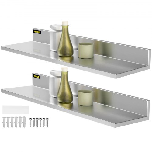 VEVOR Stainless Steel Wall Shelf, 8.6'' x 30'', 44 lbs Load Heavy Duty Commercial Wall Mount Shelving w/ Backsplash for Restaurant, Home, Kitchen, Hotel, Laundry Room, Bar (2 Packs)