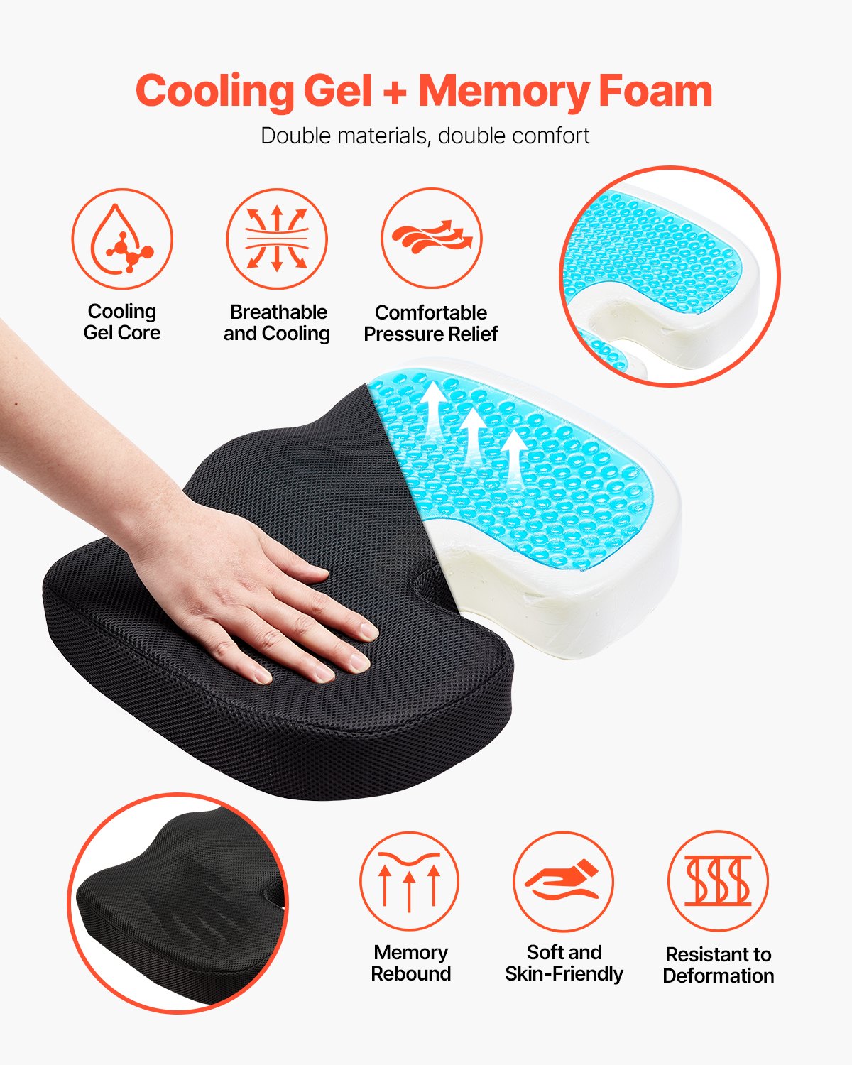 VEVOR Seat Cushion, Cooling Gel + Memory Foam Seat Cushion, Pressure-Relief Wheelchair Seat Pad with U-Shaped Cutout & Removable Cover, Lightweight and Portable for Travel, Car, Office, Airplane