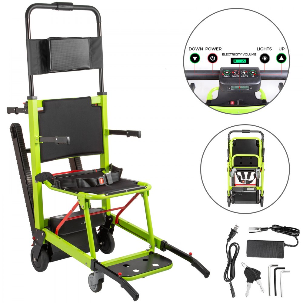 Elektrický invalidný vozík na šplhanie do schodov VEVOR Nosnosť 350 libier Núdzové kreslo na šplhanie do schodov Skladacia pásová lezecká stolička na batérie (zelená)