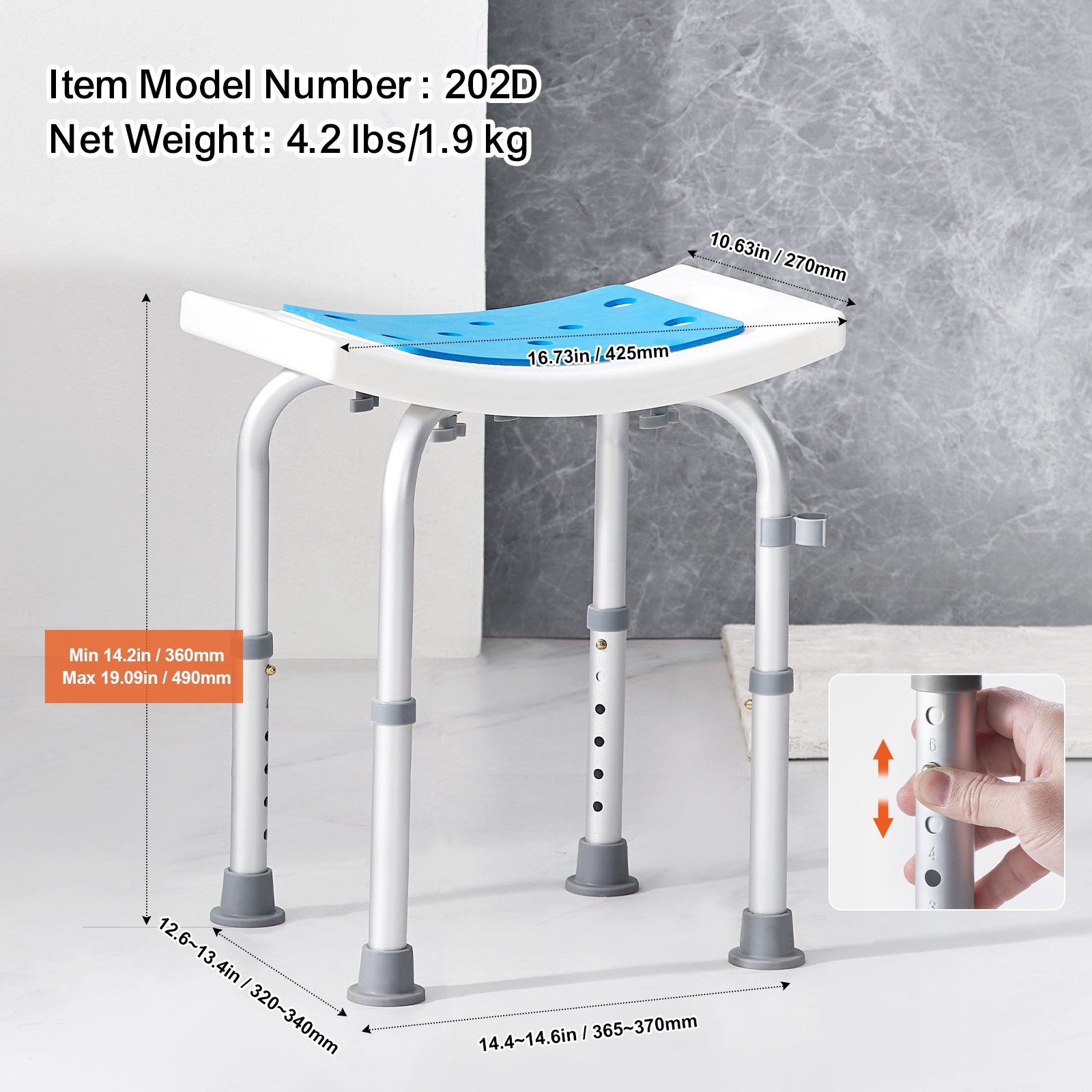 VEVOR Shower Chair, Adjustable Height Shower Stool, Shower Seat for Inside Shower or Tub, Non-Slip Bench Bathtub Stool Seat for Elderly Disabled Handicap, 158.8 kg Capacity