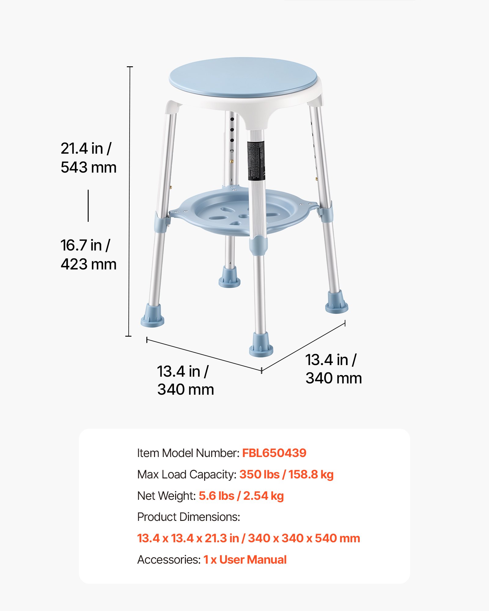 VEVOR Swivel Shower Chair 360 Degree, Height Adjustable Bath Seat for Inside Showers or Tubs, Non-Slip Rotating Bathtub Stool with Storage Tray for Elderly Disabled Injured, 158kg Capacity