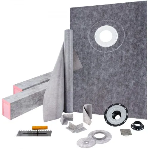 VEVOR Shower Curb Kit, 38"x60" Watertight Shower Curb Overlay with 4\" ABS Offset Bonding Flange, 4\" Stainless Steel Grate, 2 Cuttable Shower Curb and Trowel, Shower Pan Slope Sticks Fit for Bathro