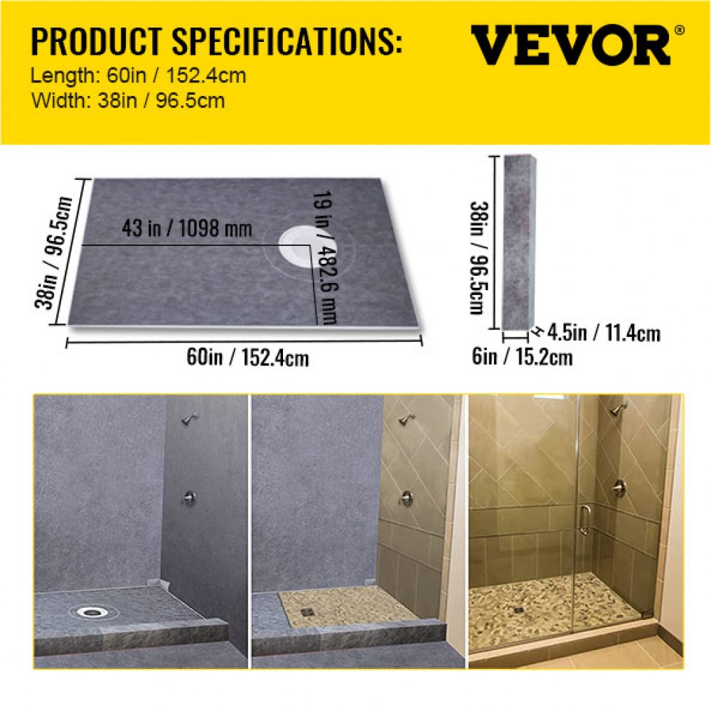 VEVOR Shower Curb Kit, 38"x60" Watertight Shower Curb Overlay with 4\" ABS Offset Bonding Flange, 4\" Stainless Steel Grate, 2 Cuttable Shower Curb and Trowel, Shower Pan Slope Sticks Fit for Bathro