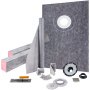 VEVOR shower curb kit components including liner, curb, drain, and installation tools.