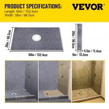 VEVOR Shower Curb Kit, 38"x60" Watertight Shower Curb Overlay with 4" ABS Central Bonding Flange, 4" Stainless Steel Grate, 2 Cuttable Shower Curb and Trowel, Shower Pan Slope Sticks Fit for Bathroom
