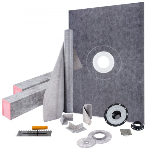 VEVOR Shower Curb Kit, 38"x60" Watertight Shower Curb Overlay with 4" PVC Central Bonding Flange, 4" Stainless Steel Grate, 2 Cuttable Shower Curb and Trowel, Shower Pan Slope Sticks Fit for Bathroom