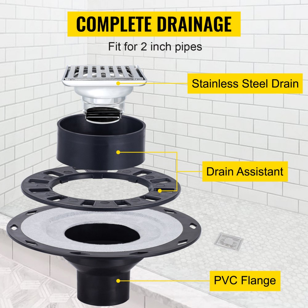 VEVOR Shower Curb Kit, 38\"x60\" Watertight Shower Curb Overlay with 4\" PVC Central Bonding Flange, 4\" Stainless Steel Grate, 2 Cuttable Shower Curb and Trowel, Shower Pan Slope Sticks Fit for Bathr