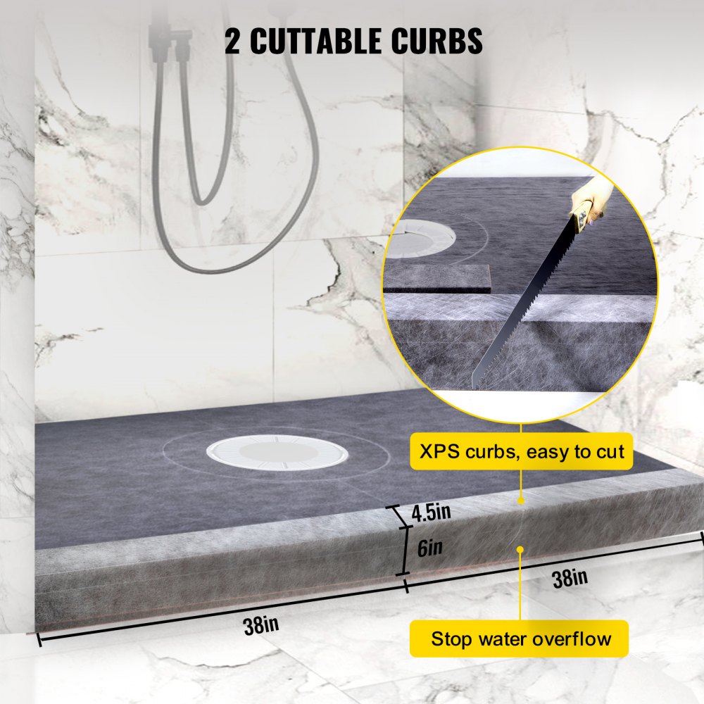 VEVOR Shower Curb Kit, 38\"x60\" Watertight Shower Curb Overlay with 4\" PVC Central Bonding Flange, 4\" Stainless Steel Grate, 2 Cuttable Shower Curb and Trowel, Shower Pan Slope Sticks Fit for Bathr