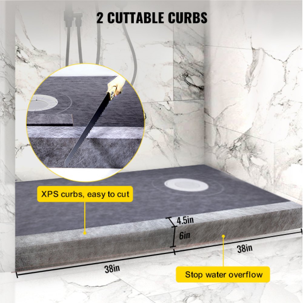 VEVOR Shower Curb Kit 38" x 60" Watertight Shower Curb Overlay with 4\" PVC Offset Bonding Flange, 4\" Stainless Steel Grate, 2 Cuttable Shower Curb and Trowel, Shower Pan Slope Sticks Fit for Bathr