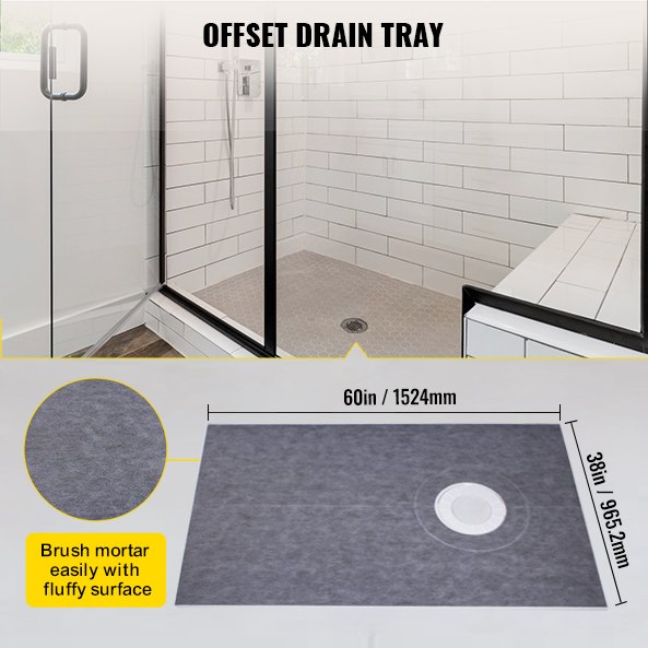 VEVOR Shower Curb Kit 38" x 60" Watertight Shower Curb Overlay with 4\" PVC Offset Bonding Flange, 4\" Stainless Steel Grate, 2 Cuttable Shower Curb and Trowel, Shower Pan Slope Sticks Fit for Bathr