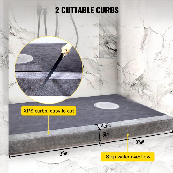 VEVOR Shower Curb Kit 38" x 60" Watertight Shower Curb Overlay with 4\" PVC Offset Bonding Flange, 4\" Stainless Steel Grate, 2 Cuttable Shower Curb and Trowel, Shower Pan Slope Sticks Fit for Bathr
