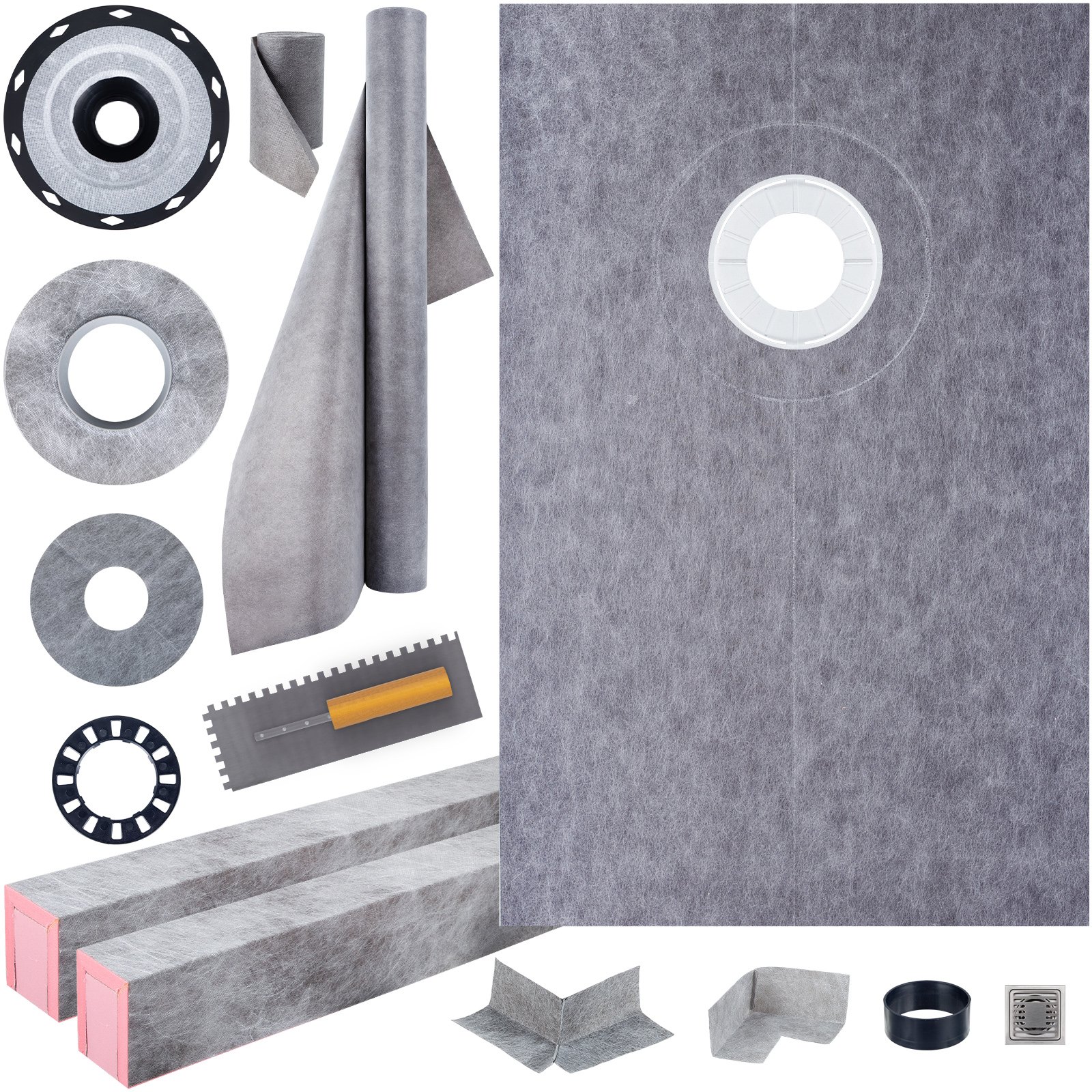VEVOR Shower Curb Kit 38\" x 60\" Watertight Shower Curb Overlay with 4\" PVC Offset Bonding Flange, 4\" Stainless Steel Grate, 2 Cuttable Shower Curb and Trowel, Shower Pan Slope Sticks Fit for Bathr