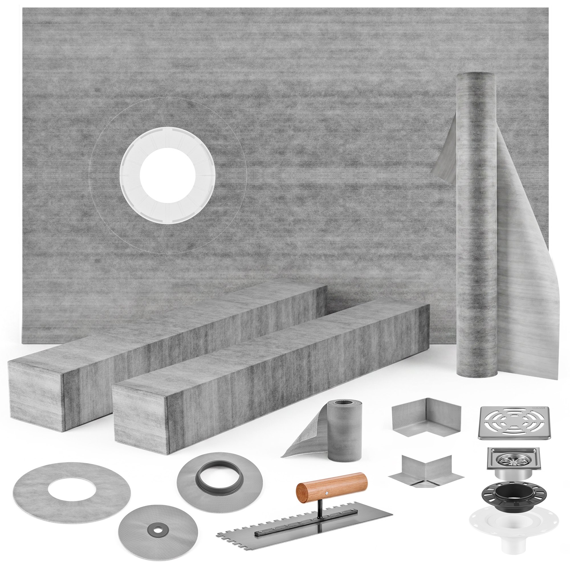 VEVOR Shower Curb Kit 38\" x 60\" Watertight Shower Curb Overlay with 4\" PVC Offset Bonding Flange, 4\" Stainless Steel Grate, 2 Cuttable Shower Curb and Trowel, Shower Pan Slope Sticks Fit for Bathr