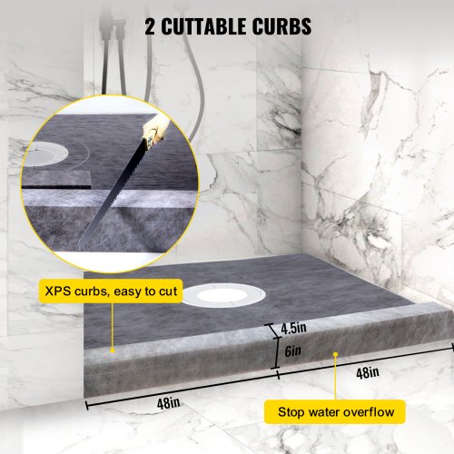 VEVOR Shower Curb Kit, 48"x48" Watertight Shower Curb Overlay with 4" ABS Central Bonding Flange, 4" Stainless Steel Grate, 2 Cuttable Shower Curb and Trowel, Shower Pan Slope Sticks Fit for Bathroom