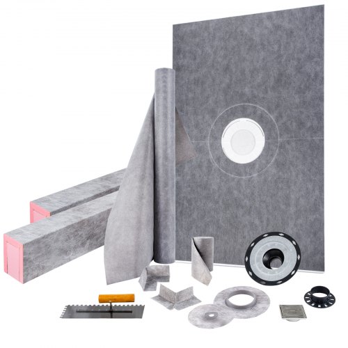 VEVOR Shower Curb Kit, 48\"x72\" Watertight Shower Curb Overlay with 4\" ABS Central Bonding Flange, 4\" Stainless Steel Grate, 2 Cuttable Shower Curb and Trowel, Shower Pan Slope Sticks Fit for Bathr