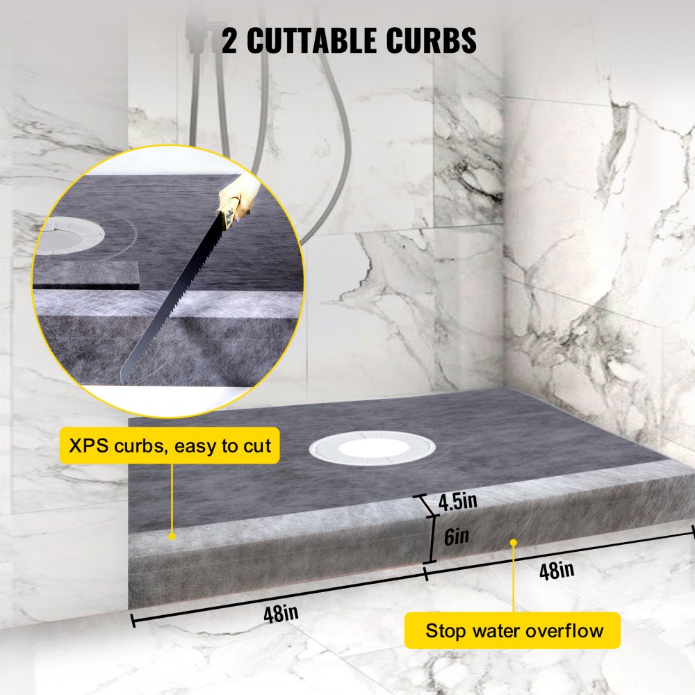 Kit de bordillo de ducha VEVOR, 122 x 183 cm, impermeable, con brida de unión central de ABS de 10 cm, rejilla de acero inoxidable de 10 cm, 2 bordillos de ducha cortables y llana, barras de inclinación para plato de ducha aptas para baño.