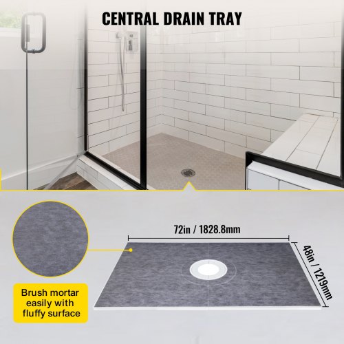 VEVOR Shower Curb Kit, 48"x72" Watertight Shower Curb Overlay with 4" PVC Central Bonding Flange, 4" Stainless Steel Grate, 2 Cuttable Shower Curb and Trowel, Shower Pan Slope Sticks Fit for Bathroom