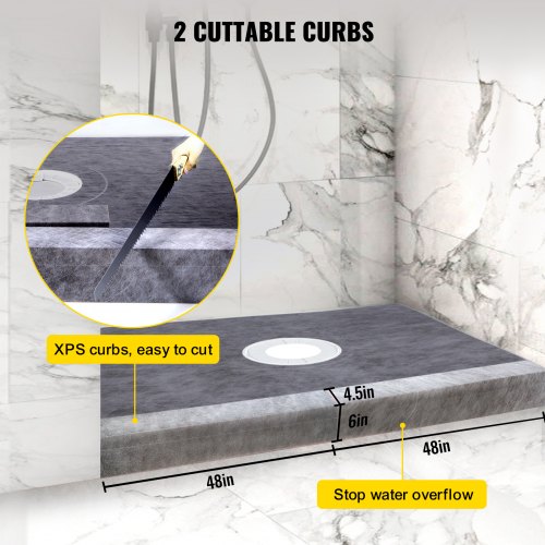 VEVOR Shower Curb Kit, 48"x72" Watertight Shower Curb Overlay with 4" PVC Central Bonding Flange, 4" Stainless Steel Grate, 2 Cuttable Shower Curb and Trowel, Shower Pan Slope Sticks Fit for Bathroom