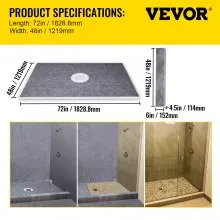 VEVOR Shower Curb Kit, 48"x72" Watertight Shower Curb Overlay with 4" PVC Central Bonding Flange, 4" Stainless Steel Grate, 2 Cuttable Shower Curb and Trowel, Shower Pan Slope Sticks Fit for Bathroom