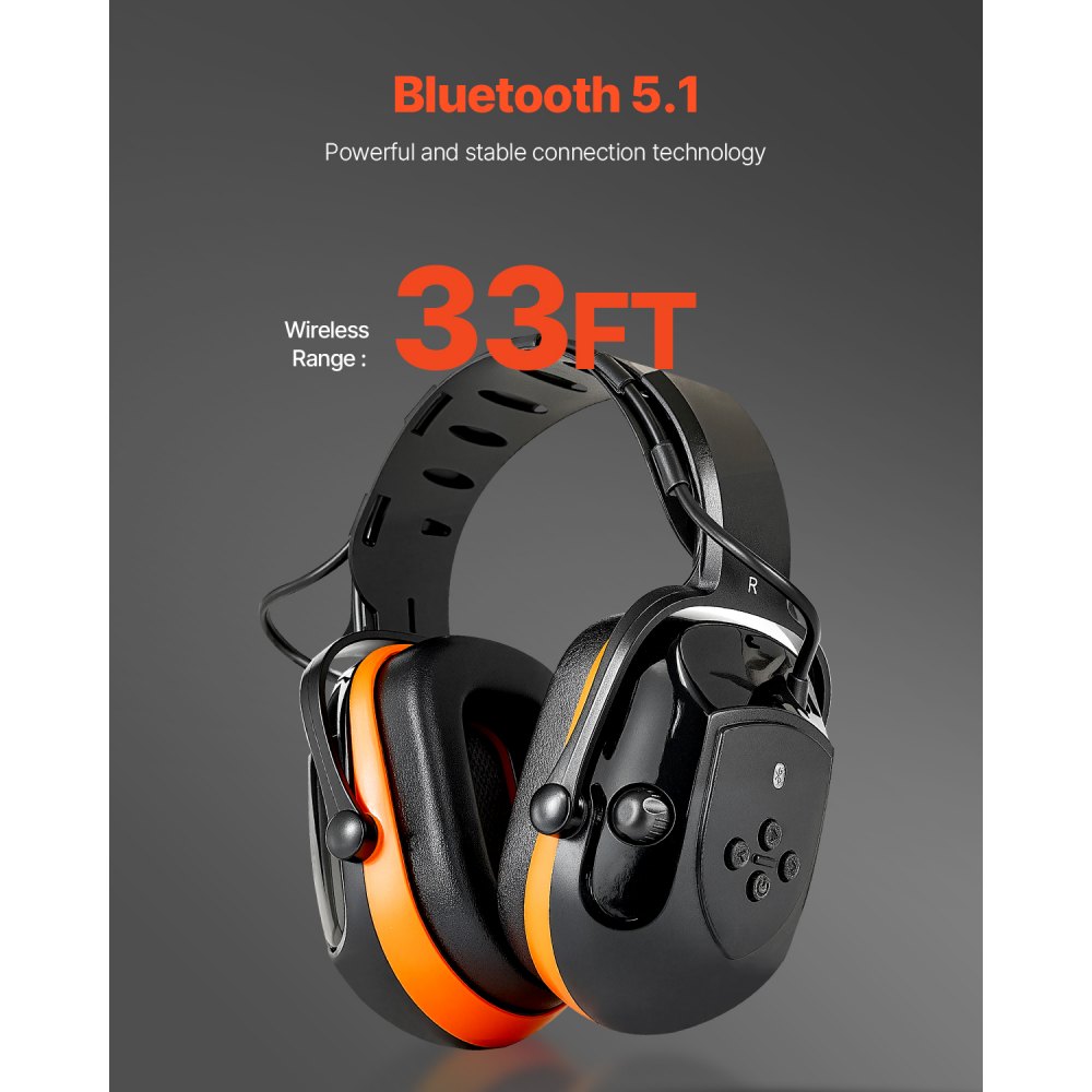 VEVOR Safety Earmuffs, Electronic Ear Muffs with 5.1 Bluetooth Technology Ear Protector, Noise Reduction Headphone NRR23dB, Hearing Protection Earmuffs for Shooting, Manufacturing and Lawn Mowing