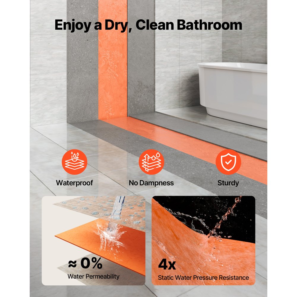 VEVOR Waterproof Membrane for Shower, 0.13 x 30 m 3.84 m² Waterproofing Tile Membrane, 0.5mm Thick Polyethylene Fabric Roll, Easy to Cut for Bathroom, Kitchen, Sauna, Corners, Niches, Tile Joints