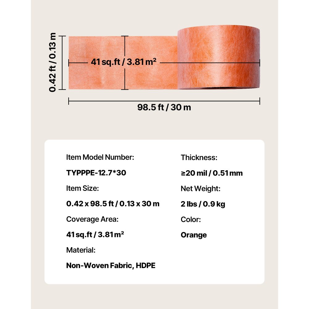VEVOR Waterproof Membrane for Shower, 0.13 x 30 m 3.84 m² Waterproofing Tile Membrane, 0.5mm Thick Polyethylene Fabric Roll, Easy to Cut for Bathroom, Kitchen, Sauna, Corners, Niches, Tile Joints