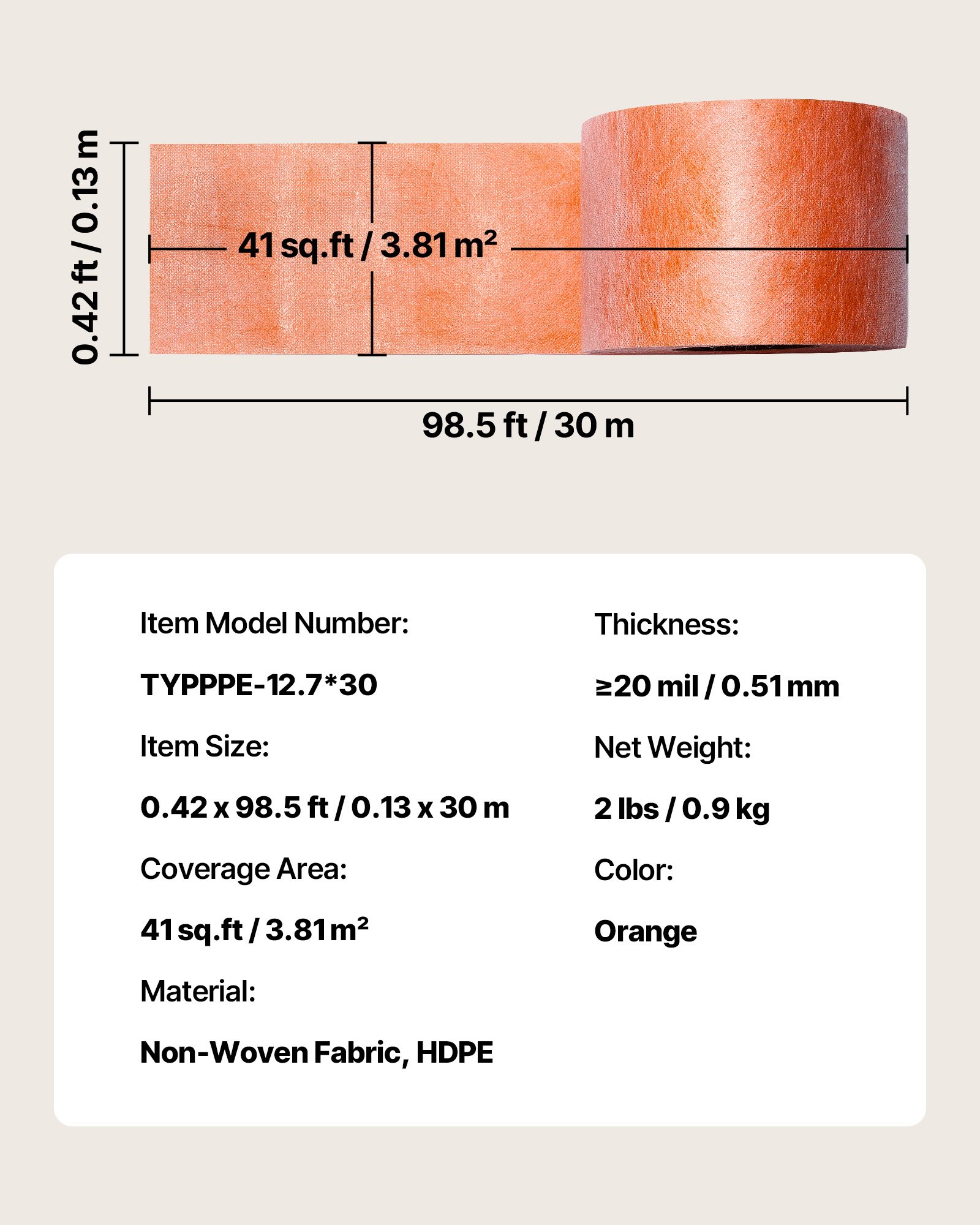 VEVOR Waterproof Membrane for Shower, 0.13 x 30 m 3.84 m² Waterproofing Tile Membrane, 0.5mm Thick Polyethylene Fabric Roll, Easy to Cut for Bathroom, Kitchen, Sauna, Corners, Niches, Tile Joints
