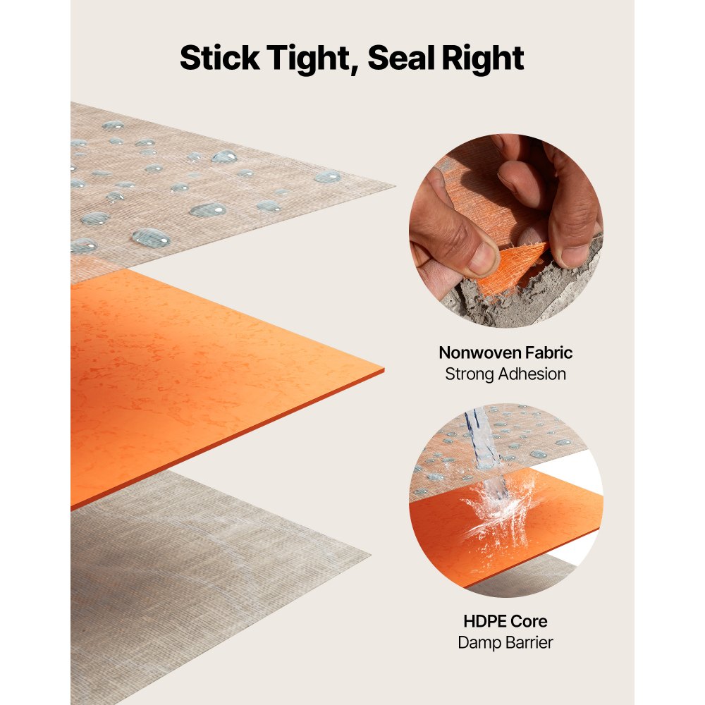 VEVOR Waterproof Membrane for Shower, 1.2 x 40 m 46.45 m² Waterproofing Tile Membrane, 0.5mm Thickness Polyethylene Fabric Roll, Easy to Cut for Bathroom, Kitchen, Sauna, Walls, Underlayment