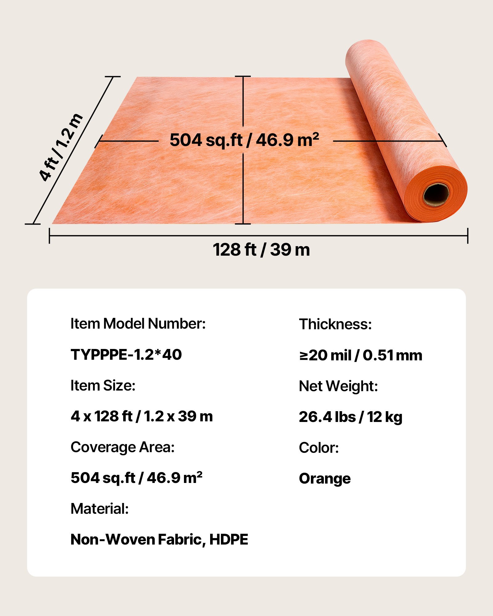 VEVOR Waterproof Membrane for Shower, 1.2 x 40 m 46.45 m² Waterproofing Tile Membrane, 0.5mm Thickness Polyethylene Fabric Roll, Easy to Cut for Bathroom, Kitchen, Sauna, Walls, Underlayment