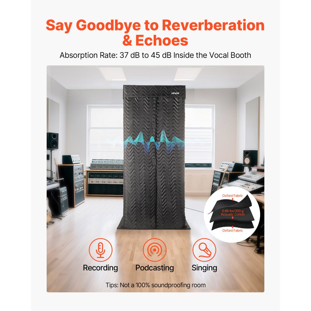 VEVOR Portable Vocal Booth, 200 cm Height, Portable Recording Studio with Travel Bag, Mobile Tablet Stand, Thickened Soundproofing, Sound Isolation Booth for Echo-Free Vocals, Podcasts, Voiceovers