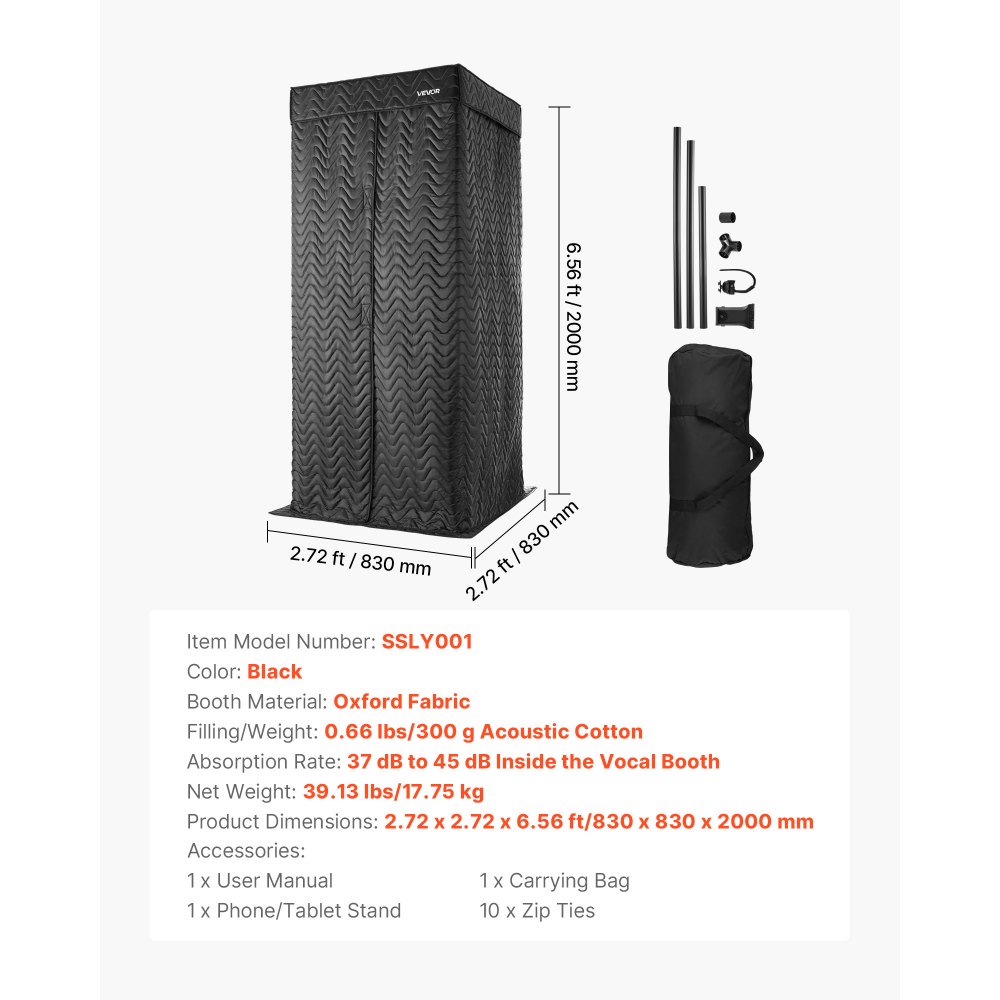 VEVOR Portable Vocal Booth, 200 cm Height, Portable Recording Studio with Travel Bag, Mobile Tablet Stand, Thickened Soundproofing, Sound Isolation Booth for Echo-Free Vocals, Podcasts, Voiceovers