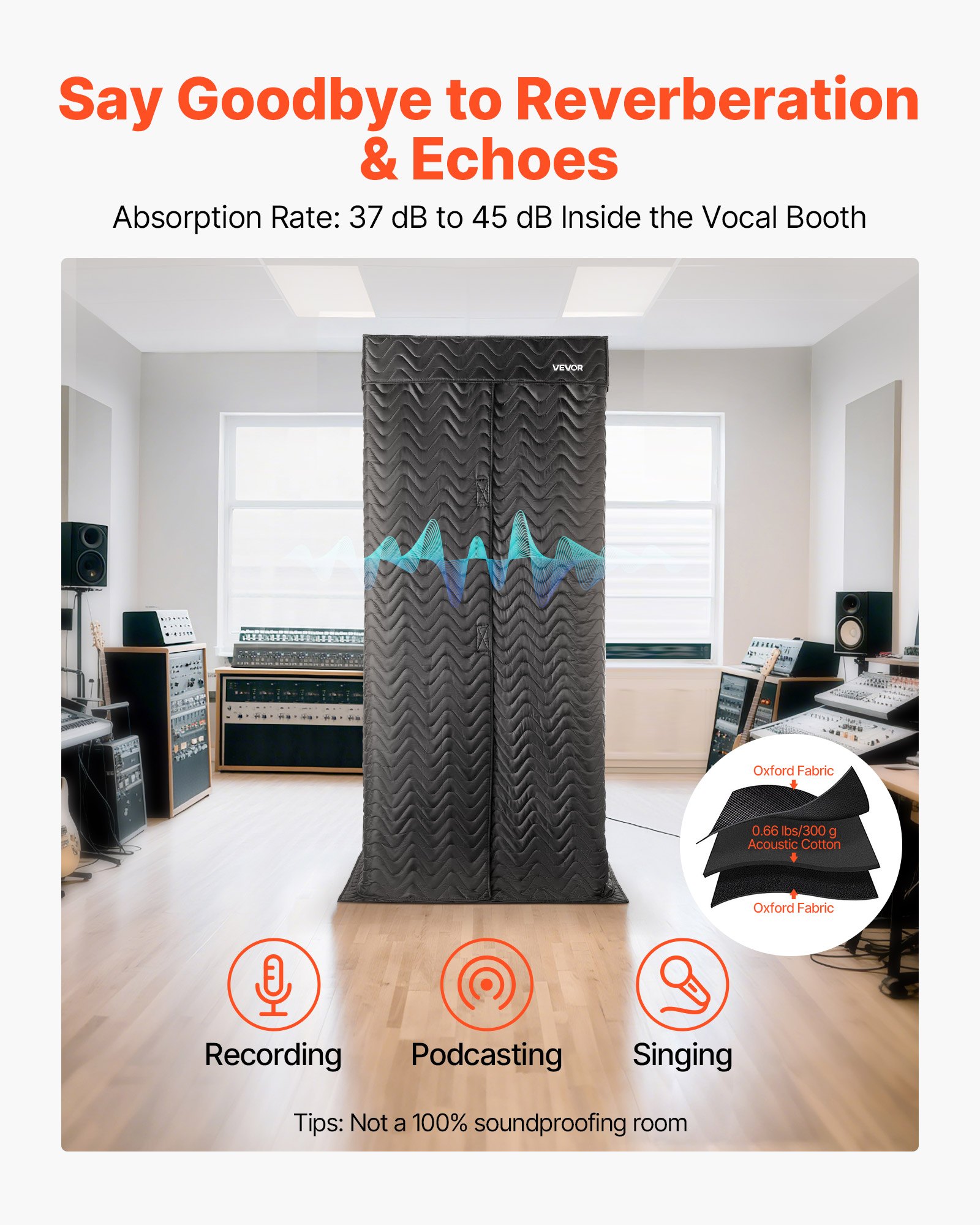 VEVOR Portable Vocal Booth, 200 cm Height, Portable Recording Studio with Travel Bag, Mobile Tablet Stand, Thickened Soundproofing, Sound Isolation Booth for Echo-Free Vocals, Podcasts, Voiceovers